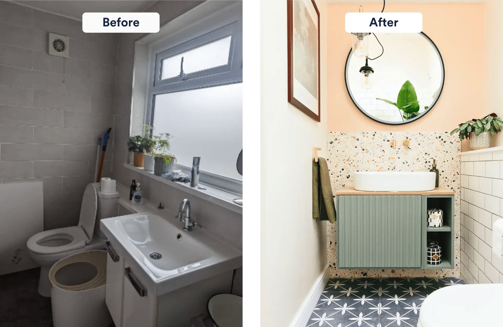 Bold colourful bathroom before and after