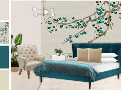 cream and teal bedroom
