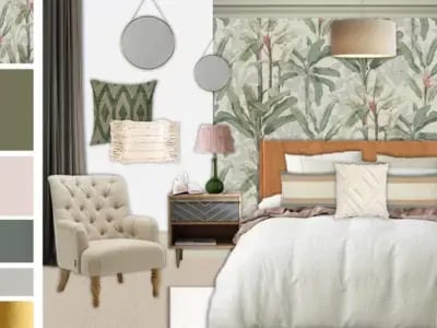 natural and calming bedroom with botanical wallpaper