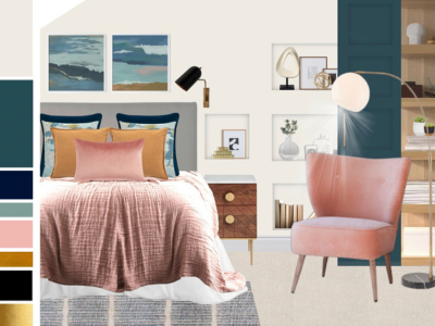 soft pink and bold navy bedroom
