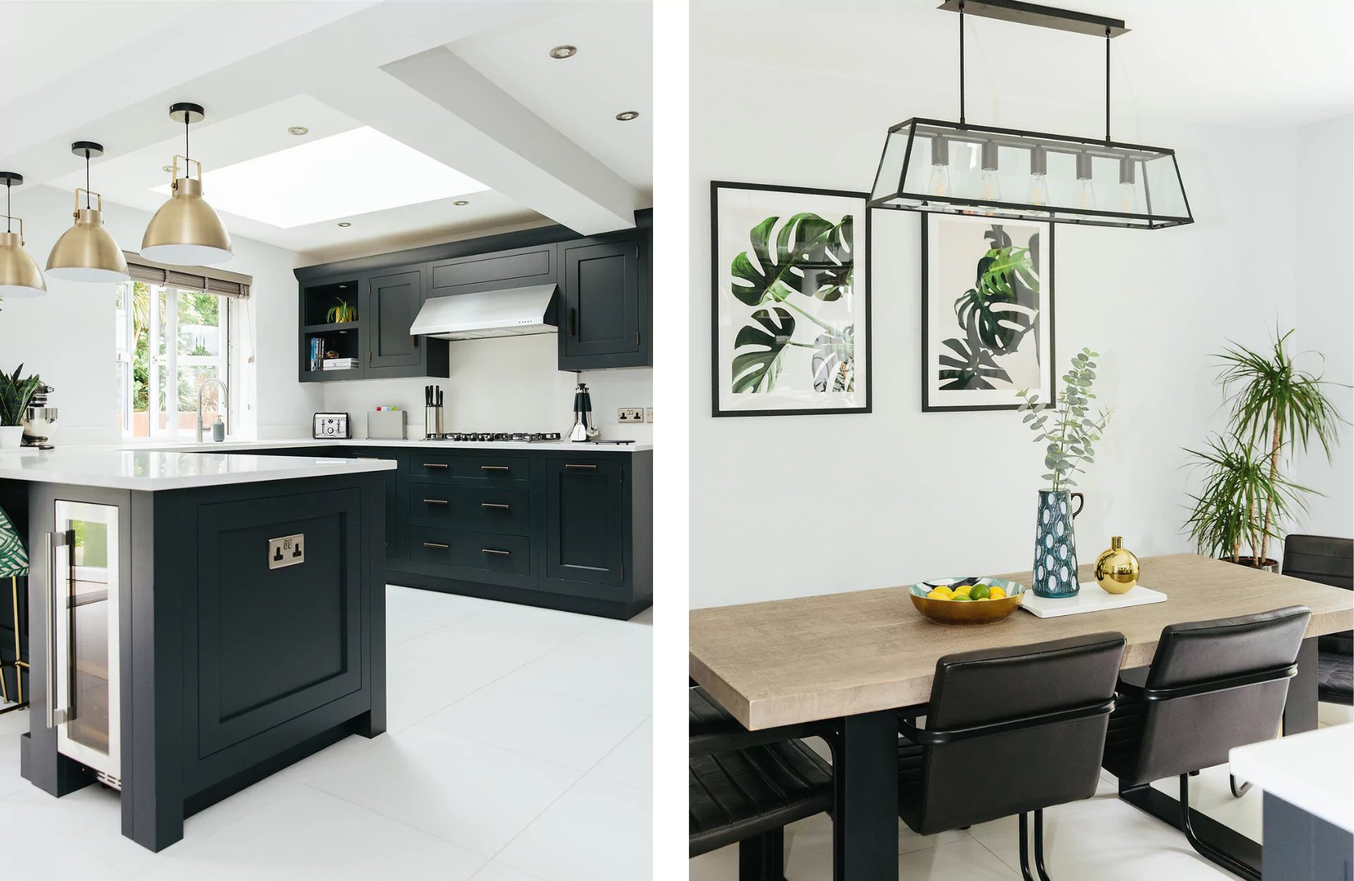 monochrome kitchen with botanical accents