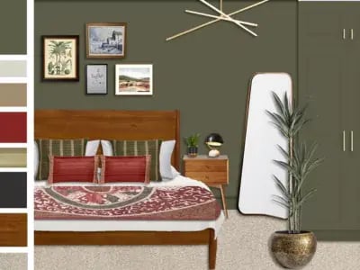 bold green bedroom with natural accents