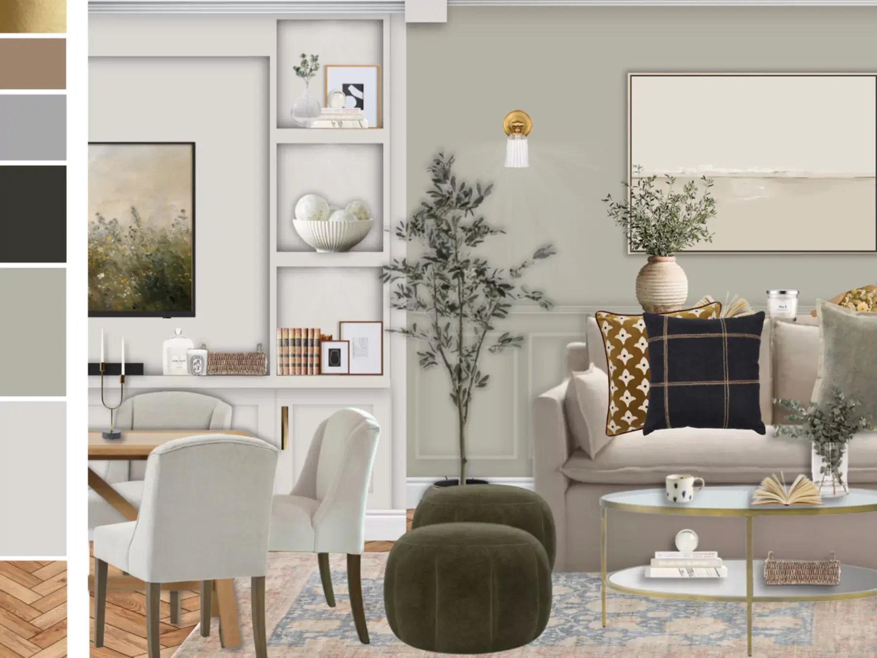 Elegant living area featuring muted walls, a plush sofa, and natural greenery.