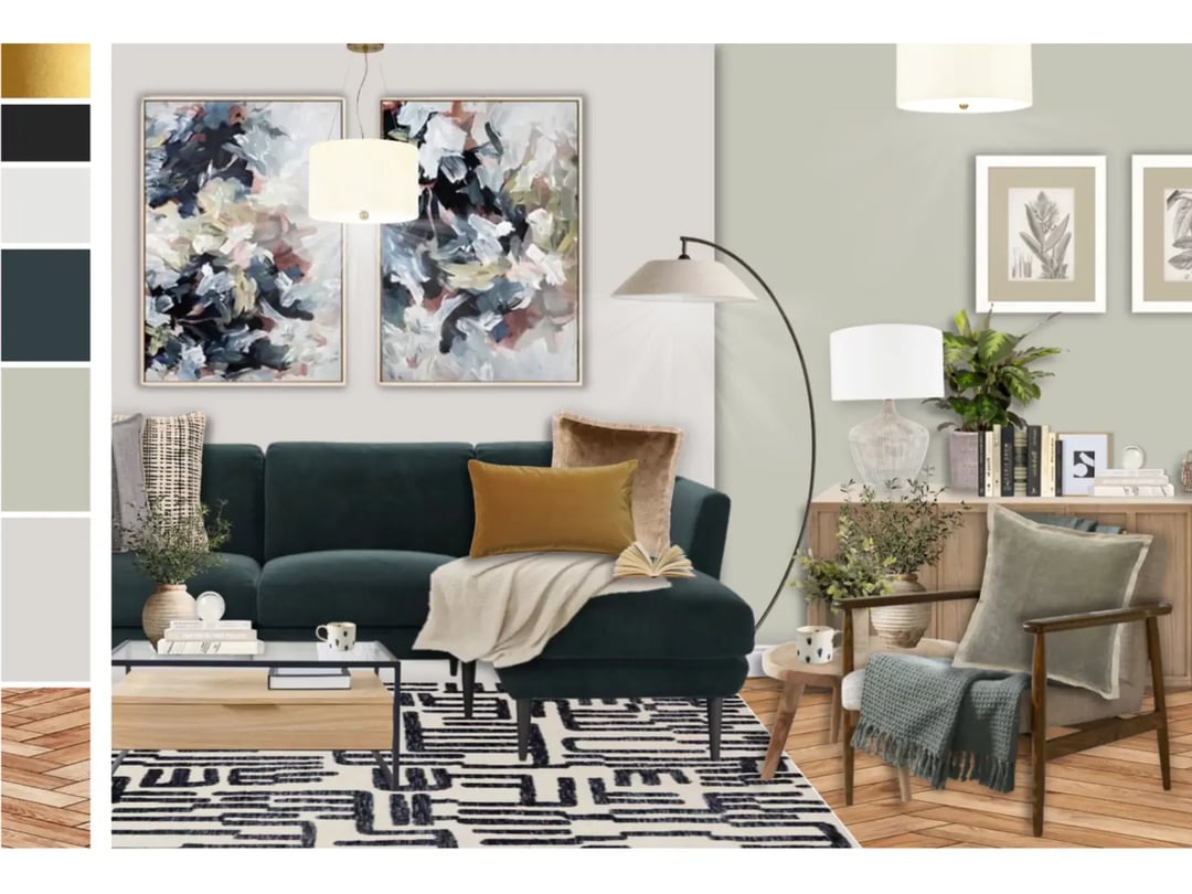 Chic living room with a deep green velvet sofa, geometric rug, and soft neutral tones.