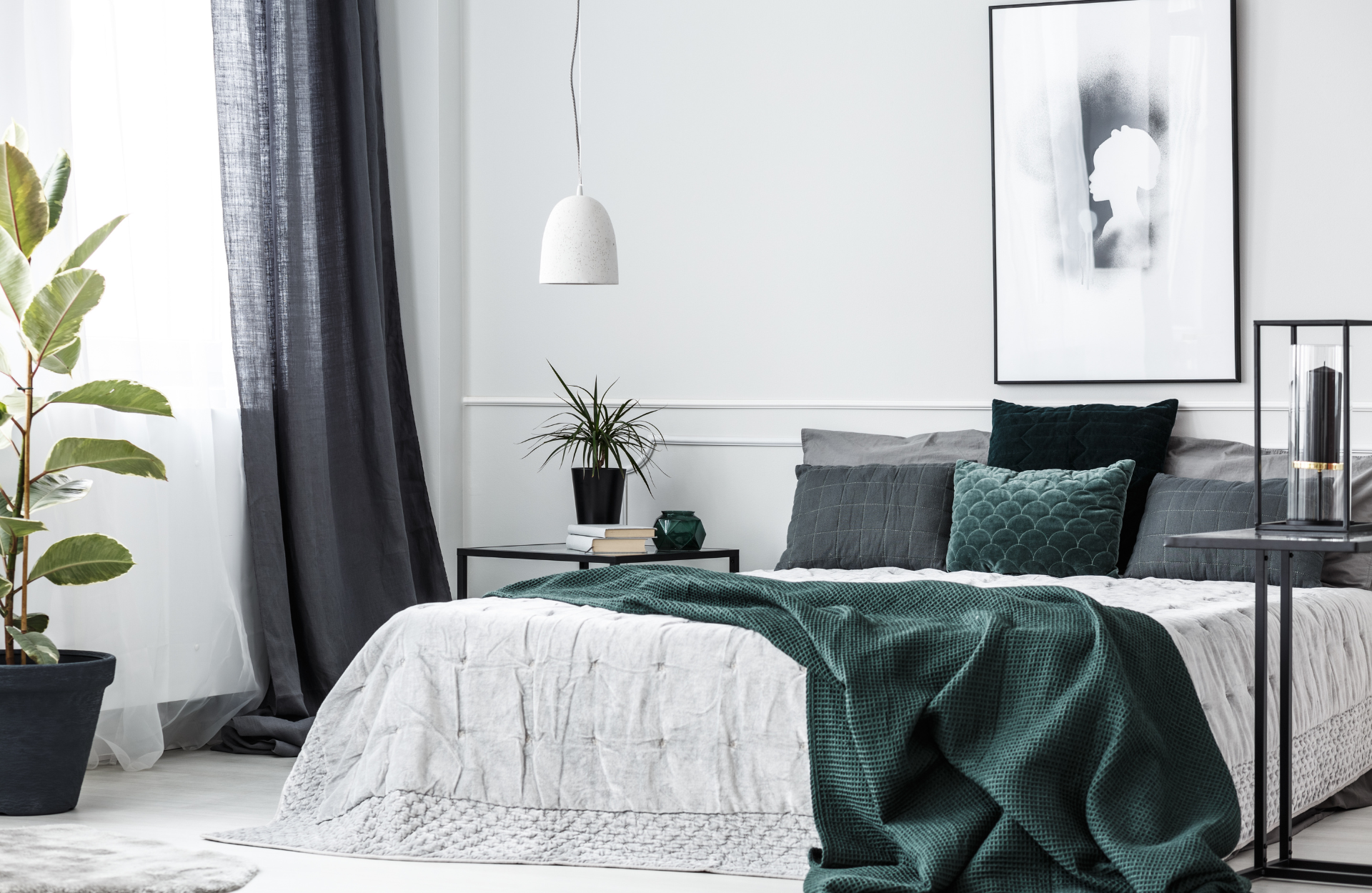 Green and grey bedroom
