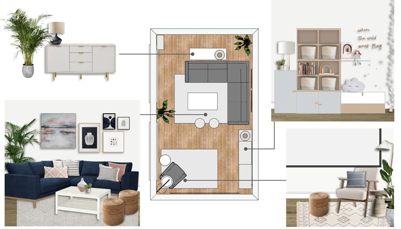 Rectangular long narrow living room example
