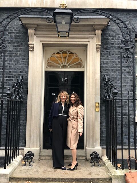 Laura and Diana outside 10 downing street on international women's day 