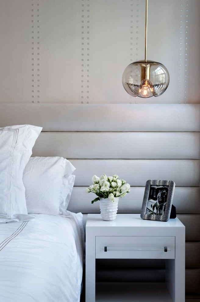 chelsea townhouse white fresh bedroom with pendant wall lighting and statement upholstered headboard 