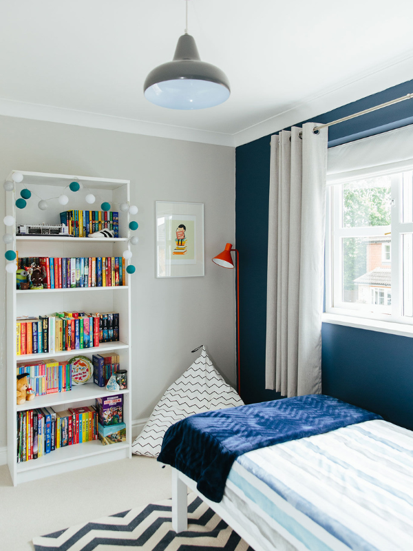 Kids room with blue and grey walls