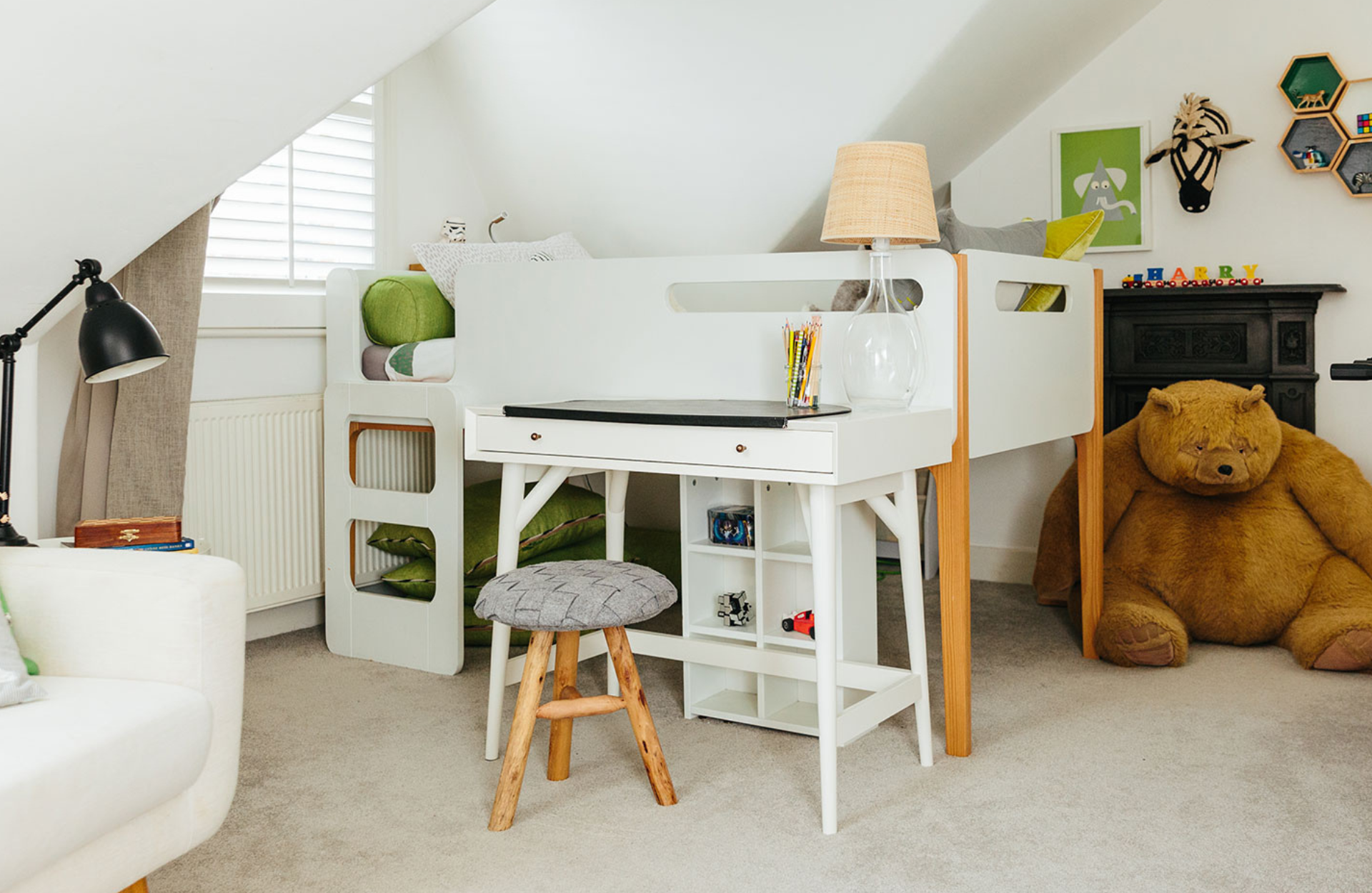 Children's multipurpose desk and bed with storage