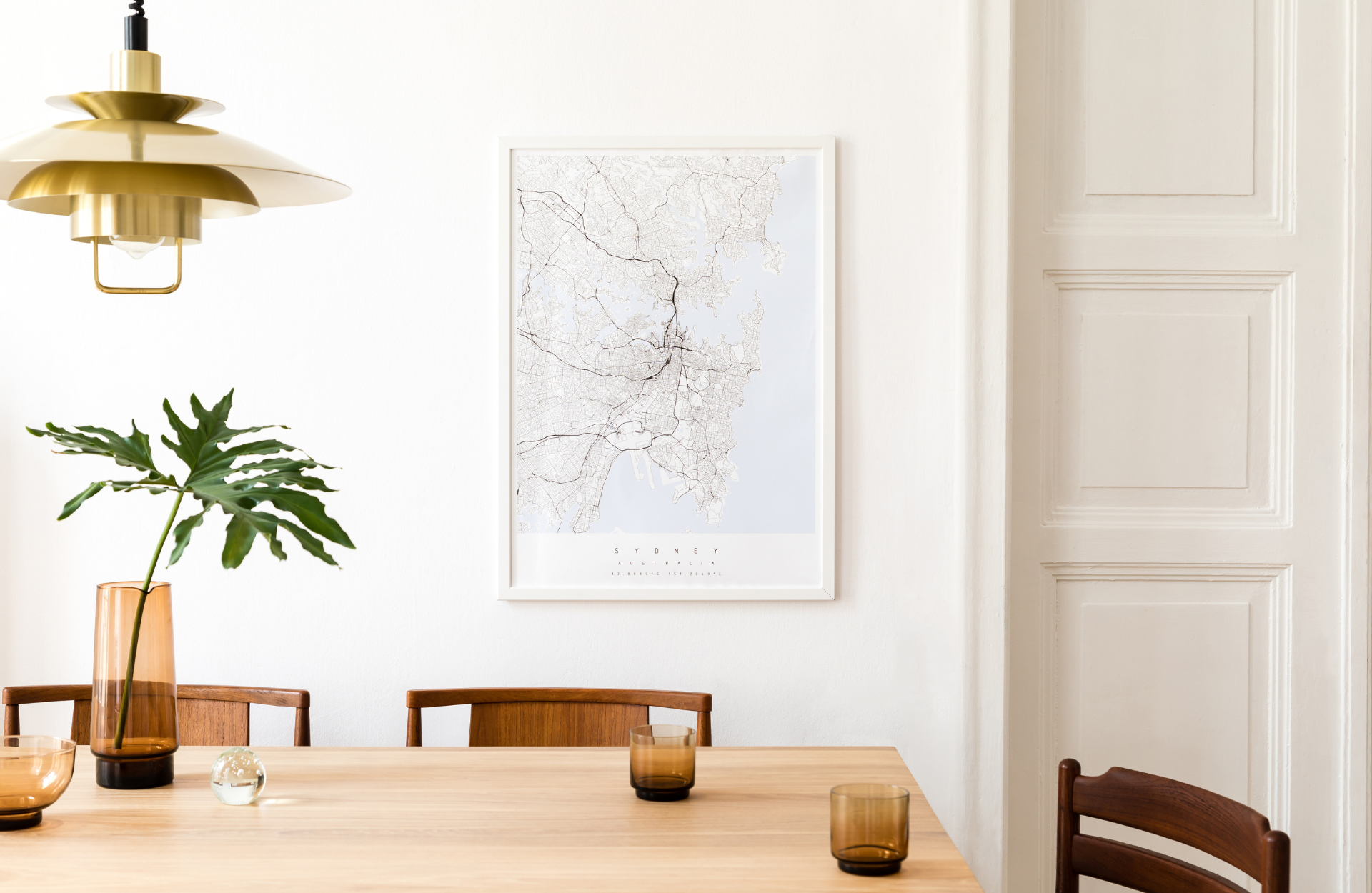 Dining table with Map print on wall