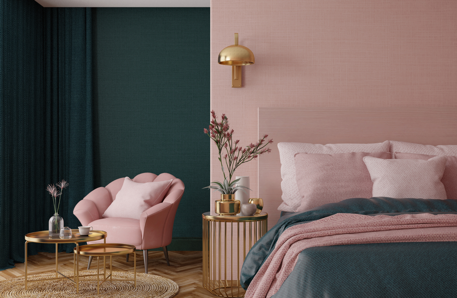 Pink and green bedroom