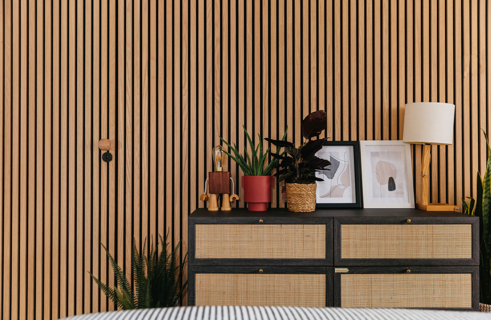 Wood panelled bedroom wall