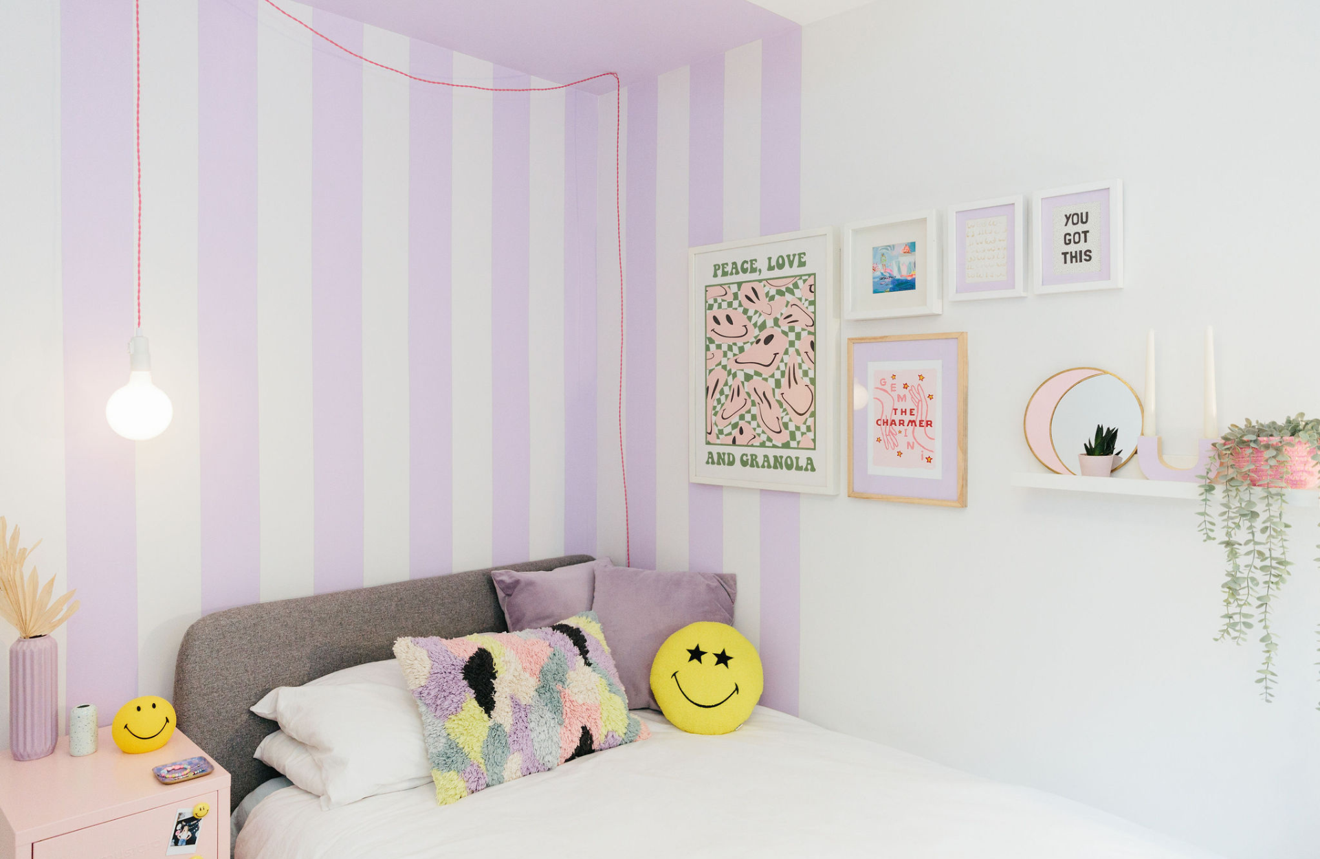 Kids room with stripes painted on wall