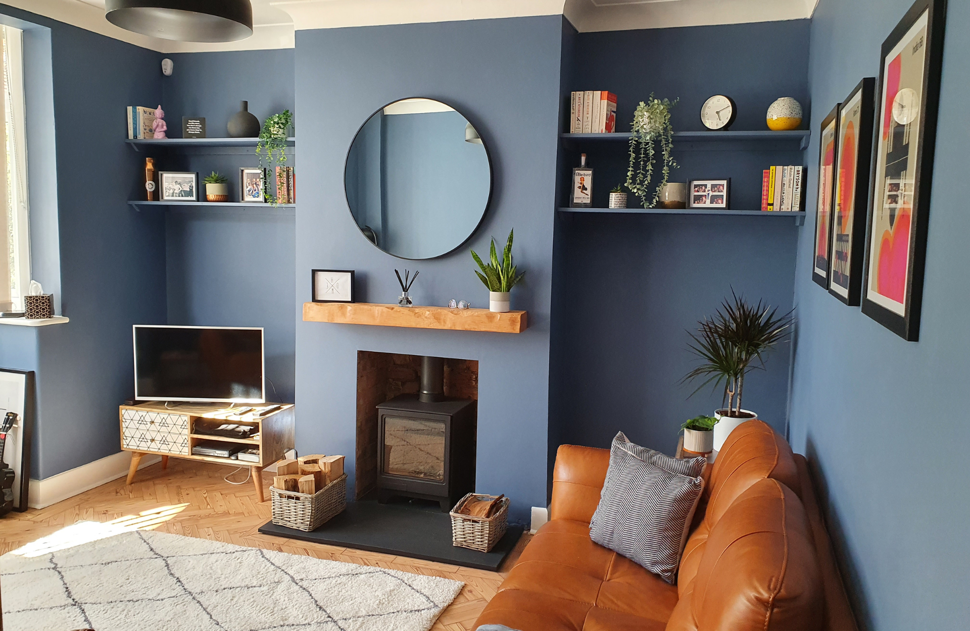 blue living room with chimney breast