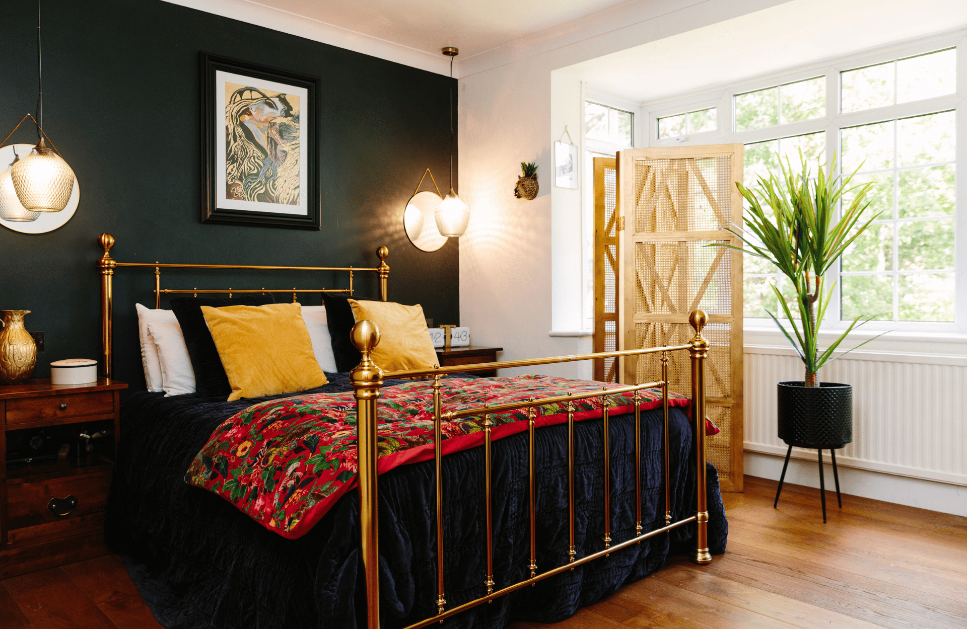 dark bedroom with gold accents