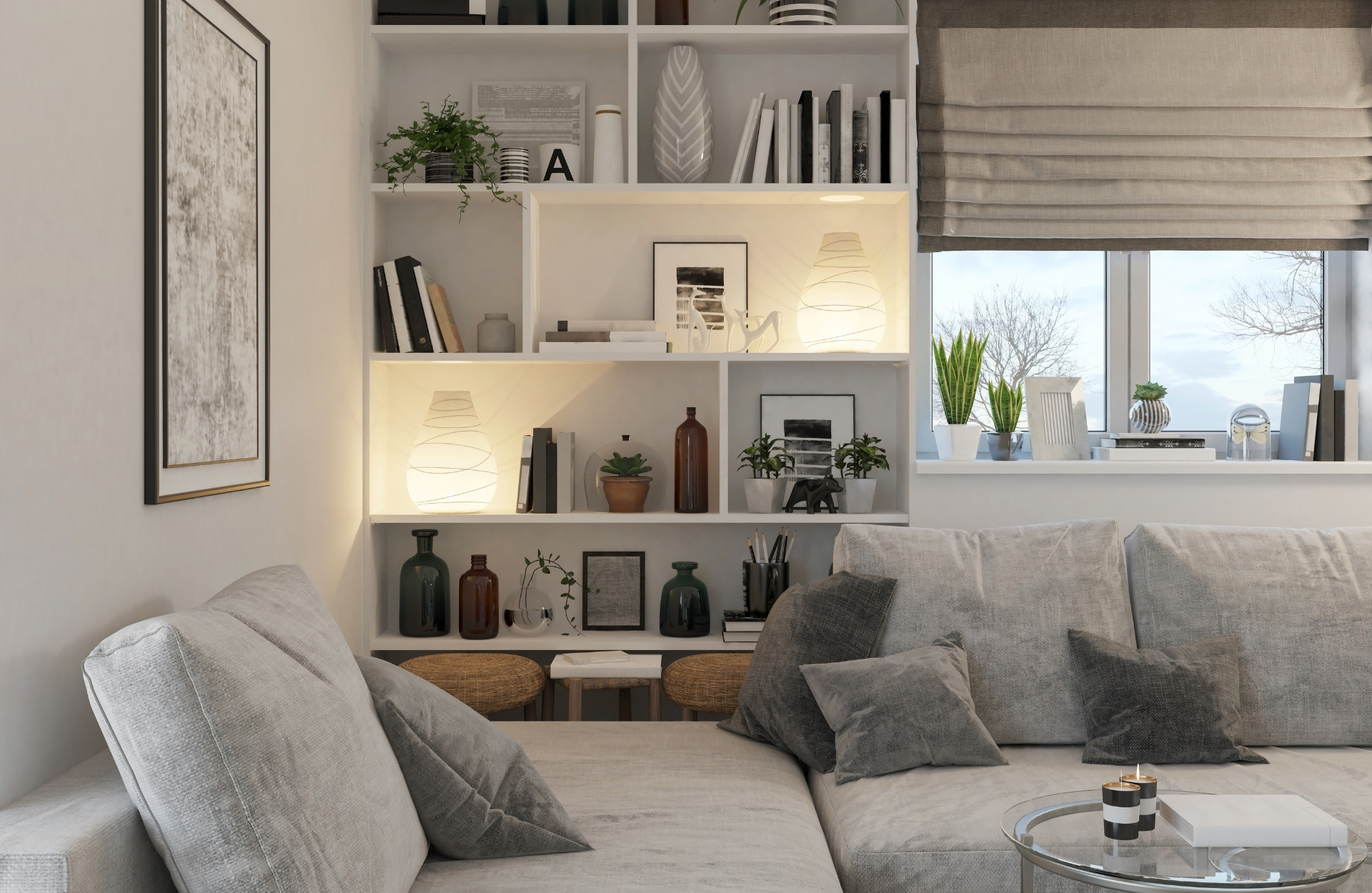 Living room with beige blind