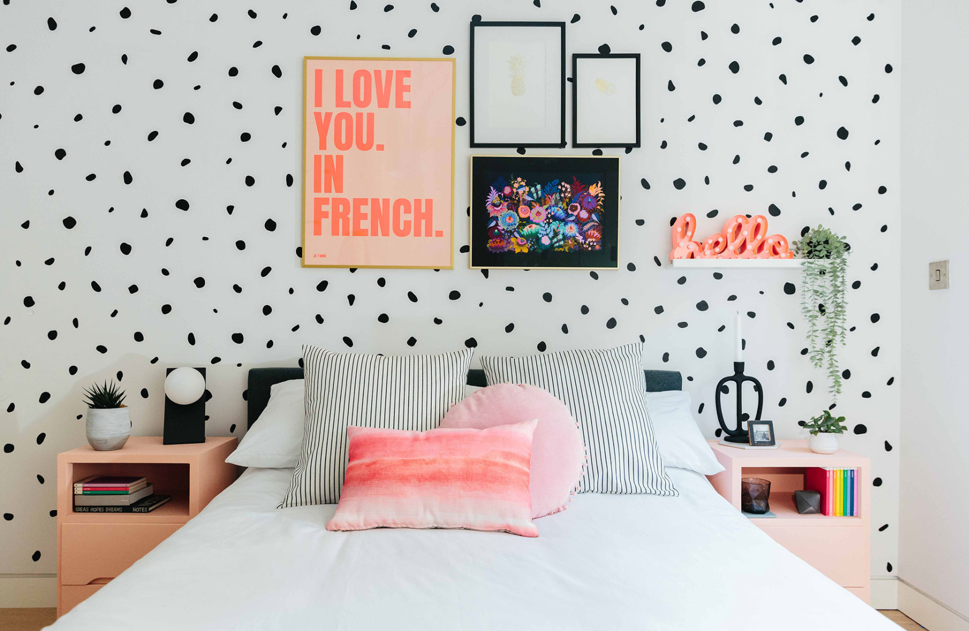 Kid's room with white wall and black dots