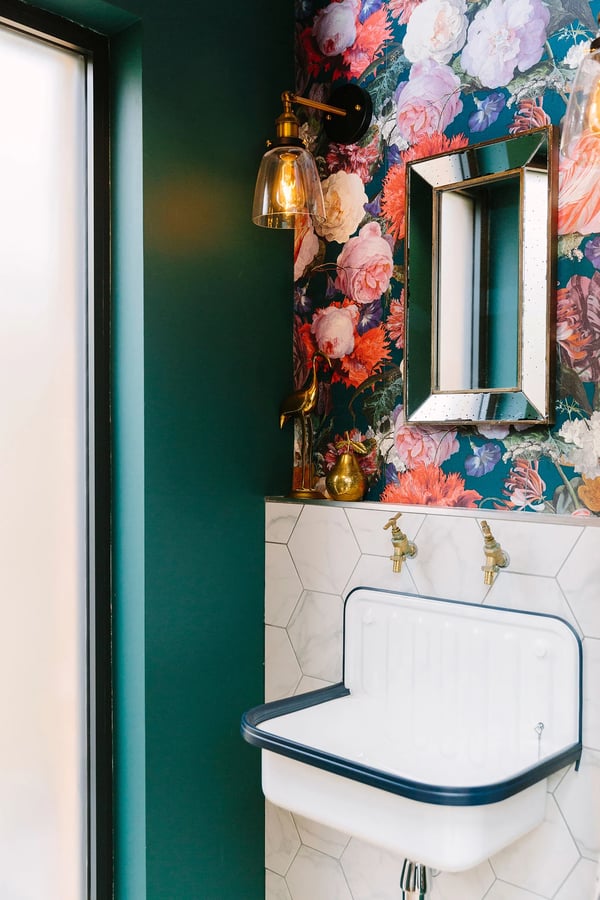 Small cloakroom bathroom with floral wallpaper