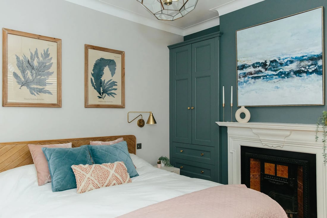 Calming blue and blush bedroom