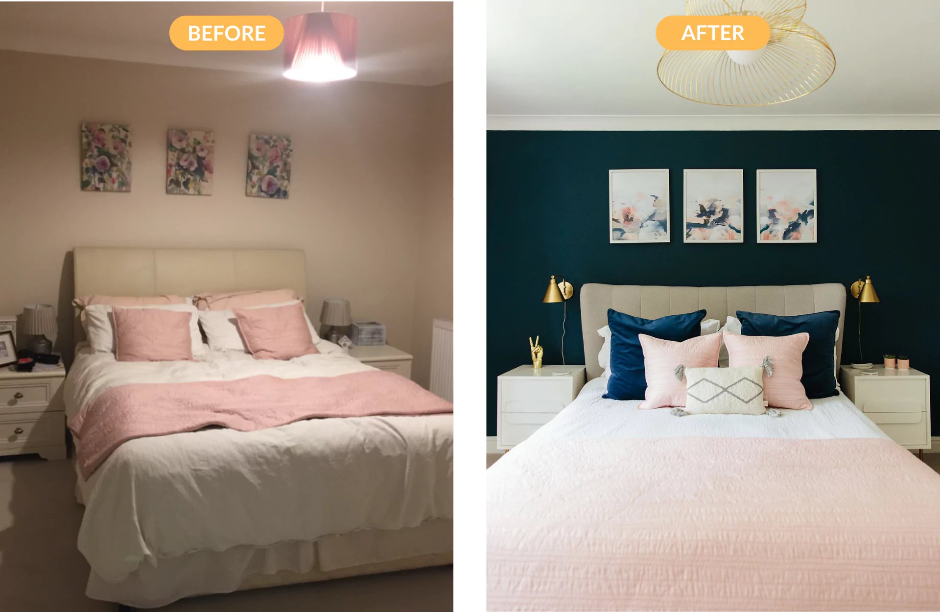 Glamourous navy and blush master bedroom transformation