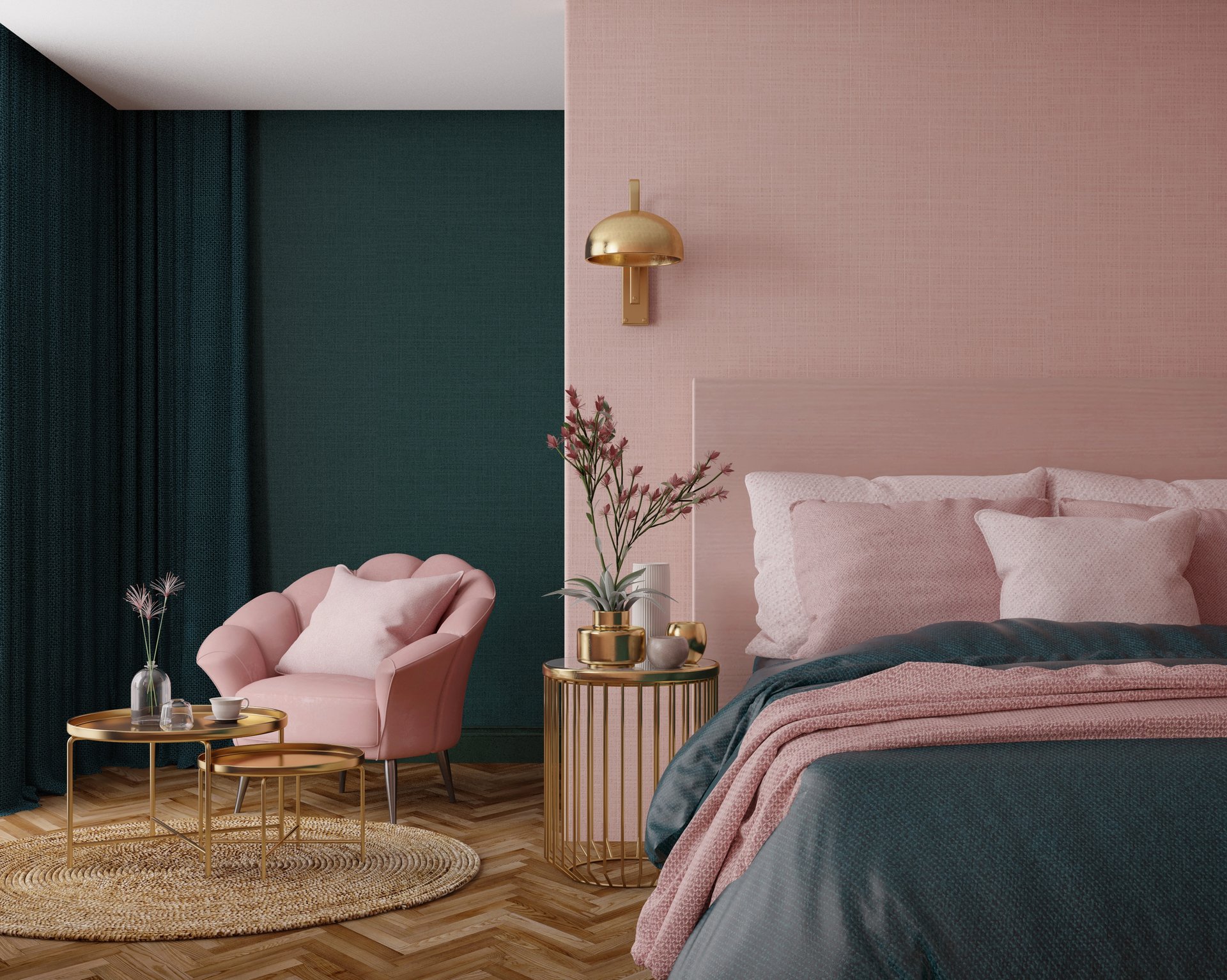Pink and green bedroom with gold accents