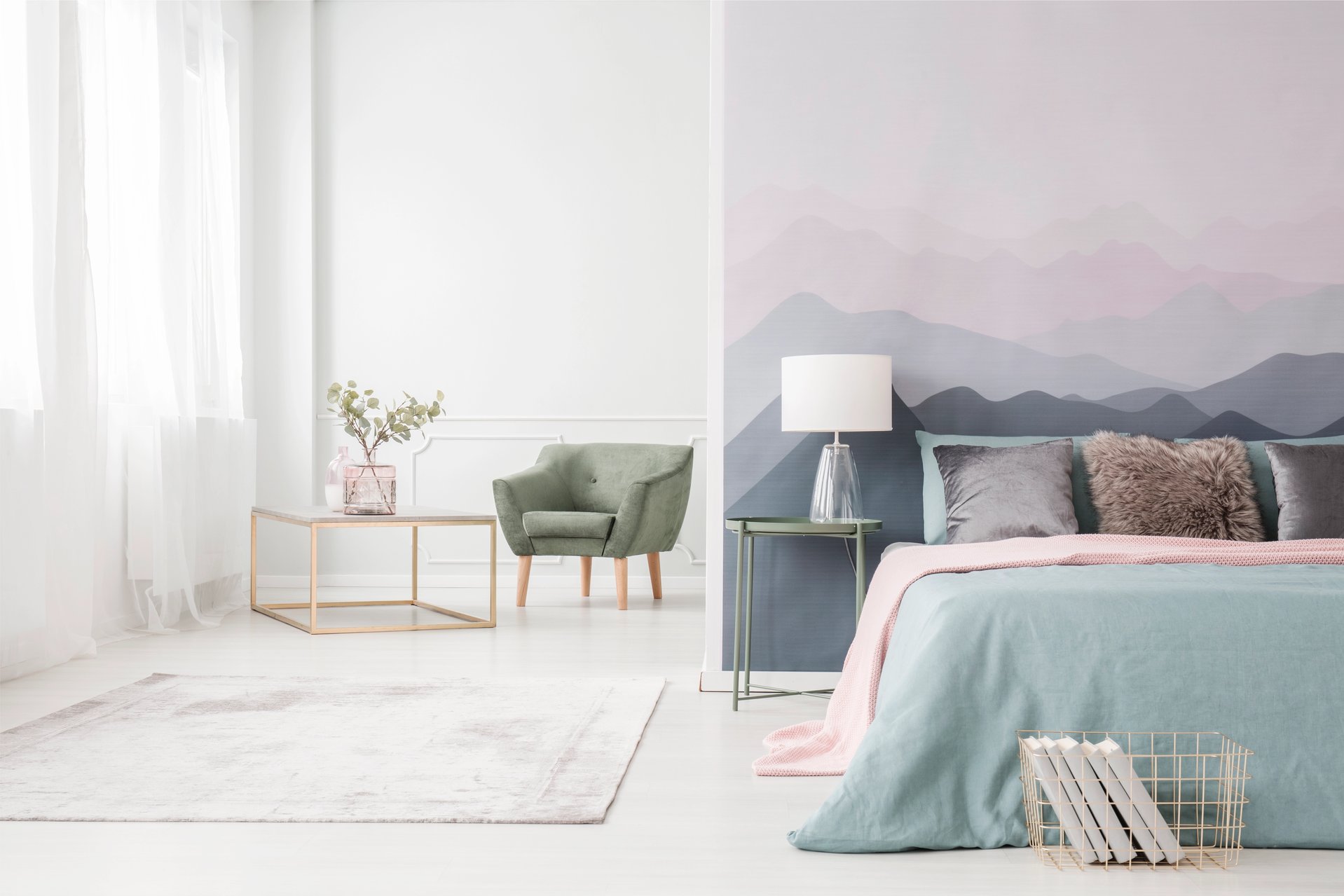 Pastel bedroom with wall mural