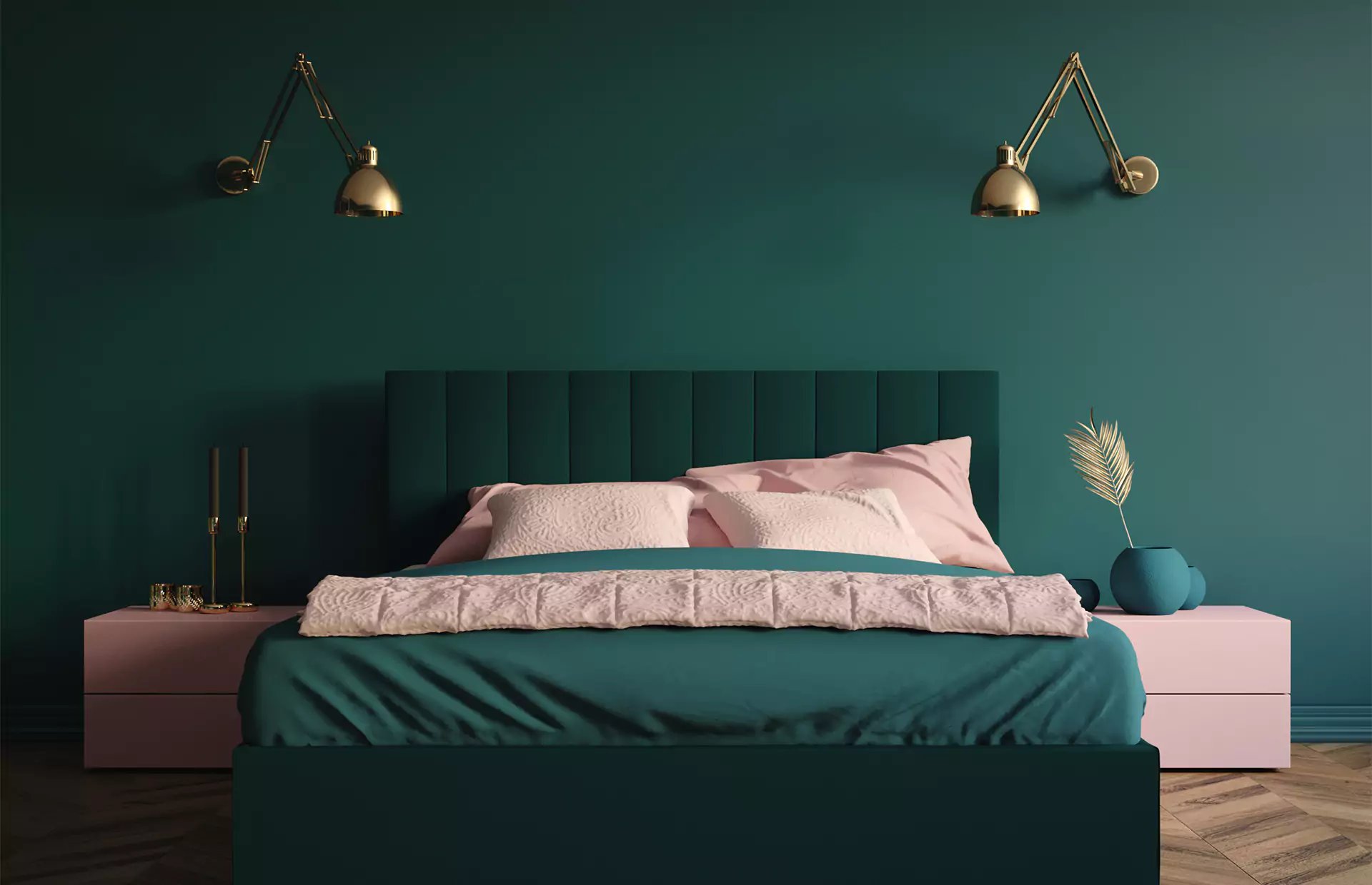 Emerald green and pink bedroom