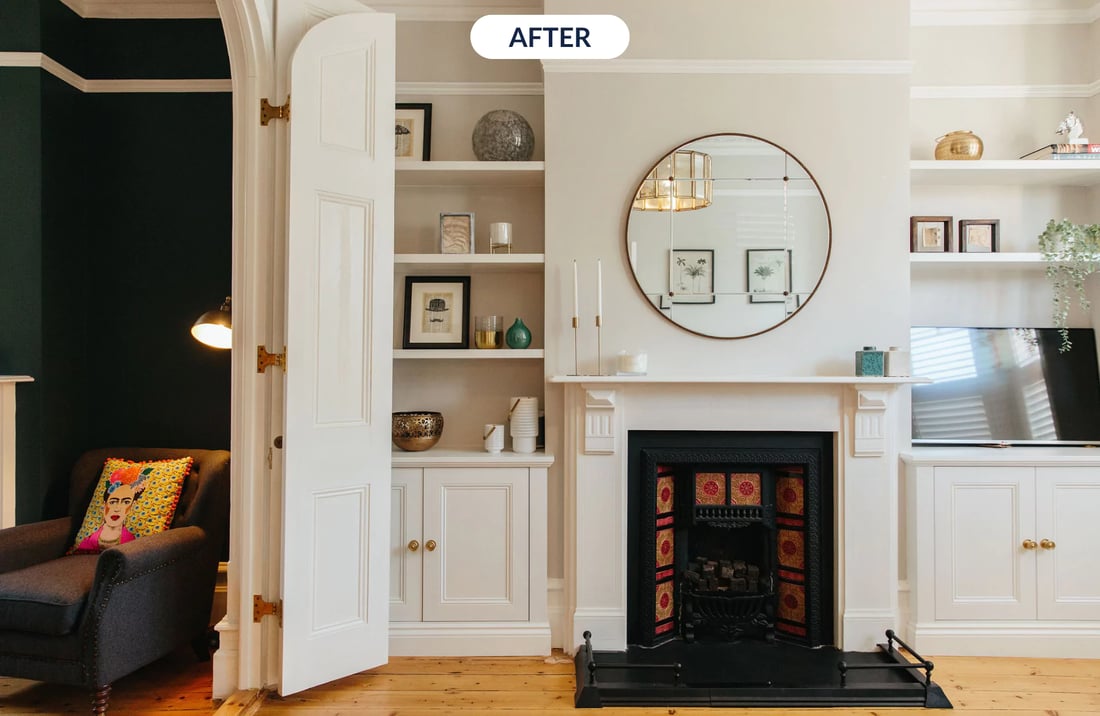 bright white victorian living room with alcove shelving