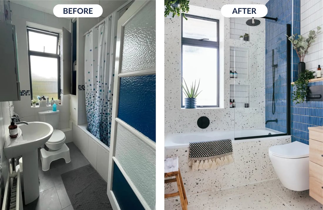 blue and white bathroom transformation