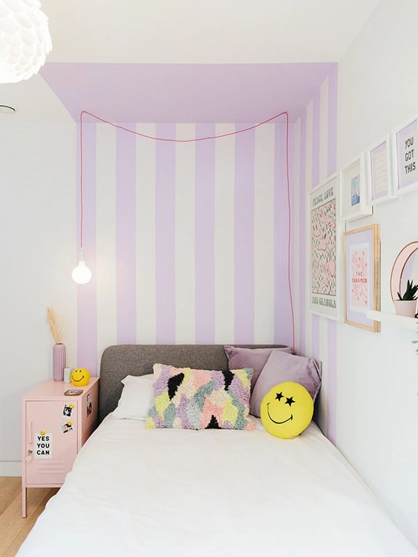 Striped wall paint ideas | Kids purple and white bedroom