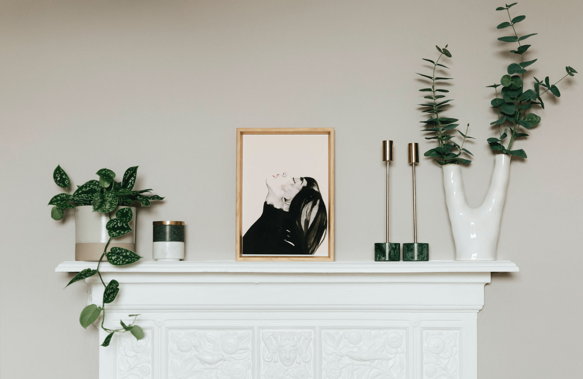 white, minimalist fireplace with house plants