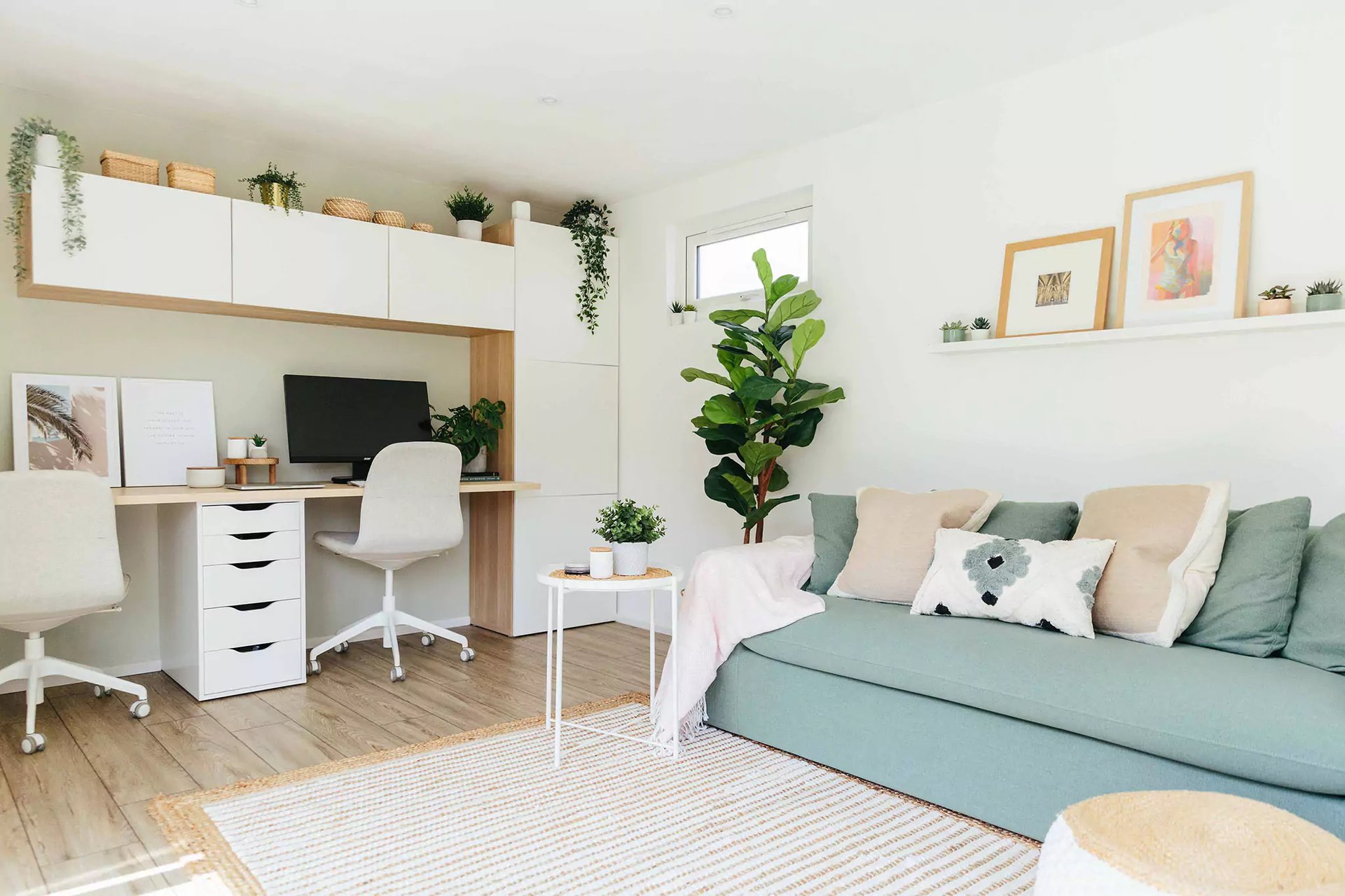 white home office with plants