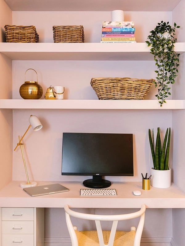 pink home office in alcove