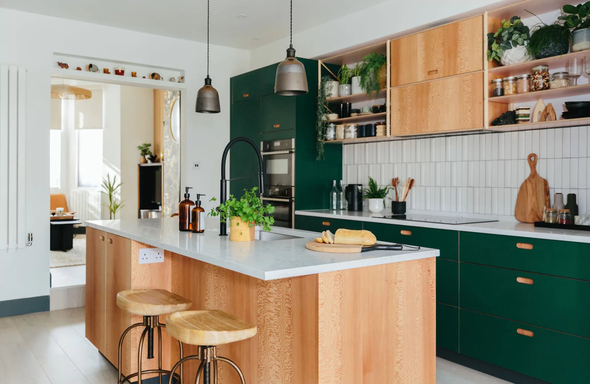 Green and oak kitchen design