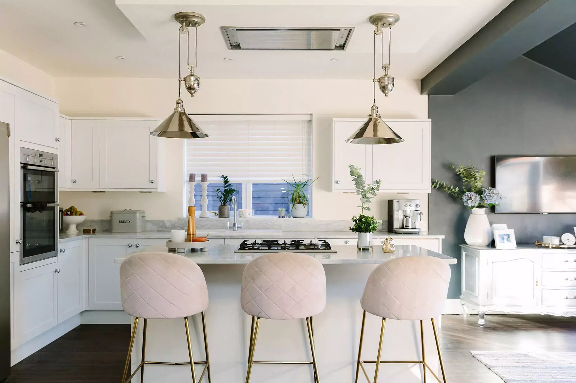 pink and grey open kitchen