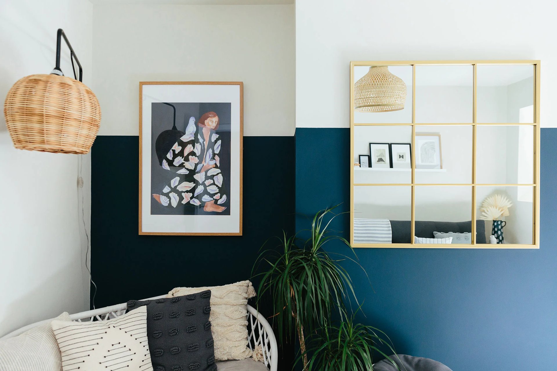 Blue three quater painted wall | Living room design ideas