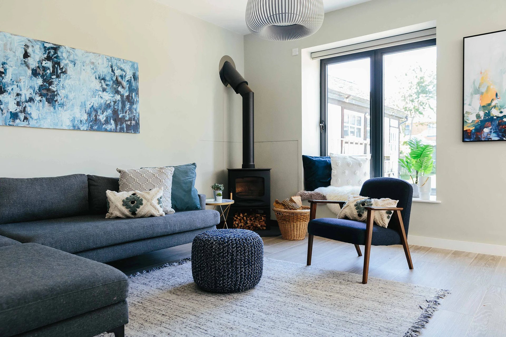 Cosy blue living room with fireplace | Small living room ideas