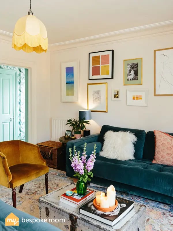 Colourful living room with gallery wall