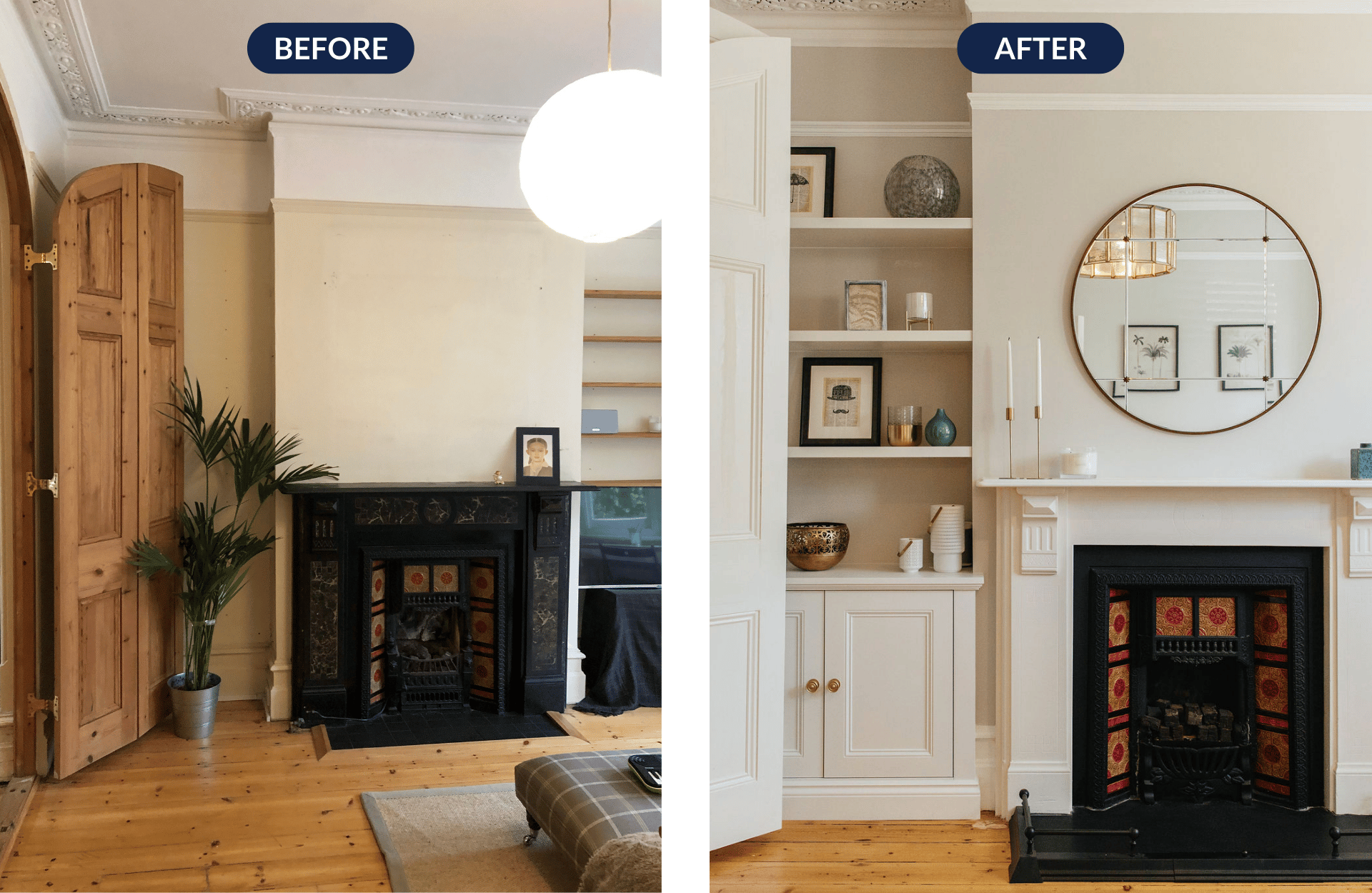 Fireplace alcove before and after 