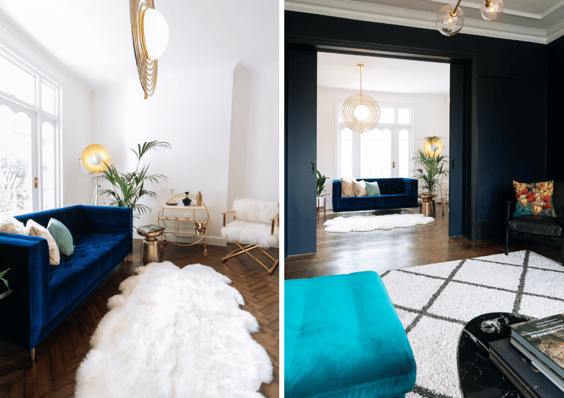 dark blue living room with white rug