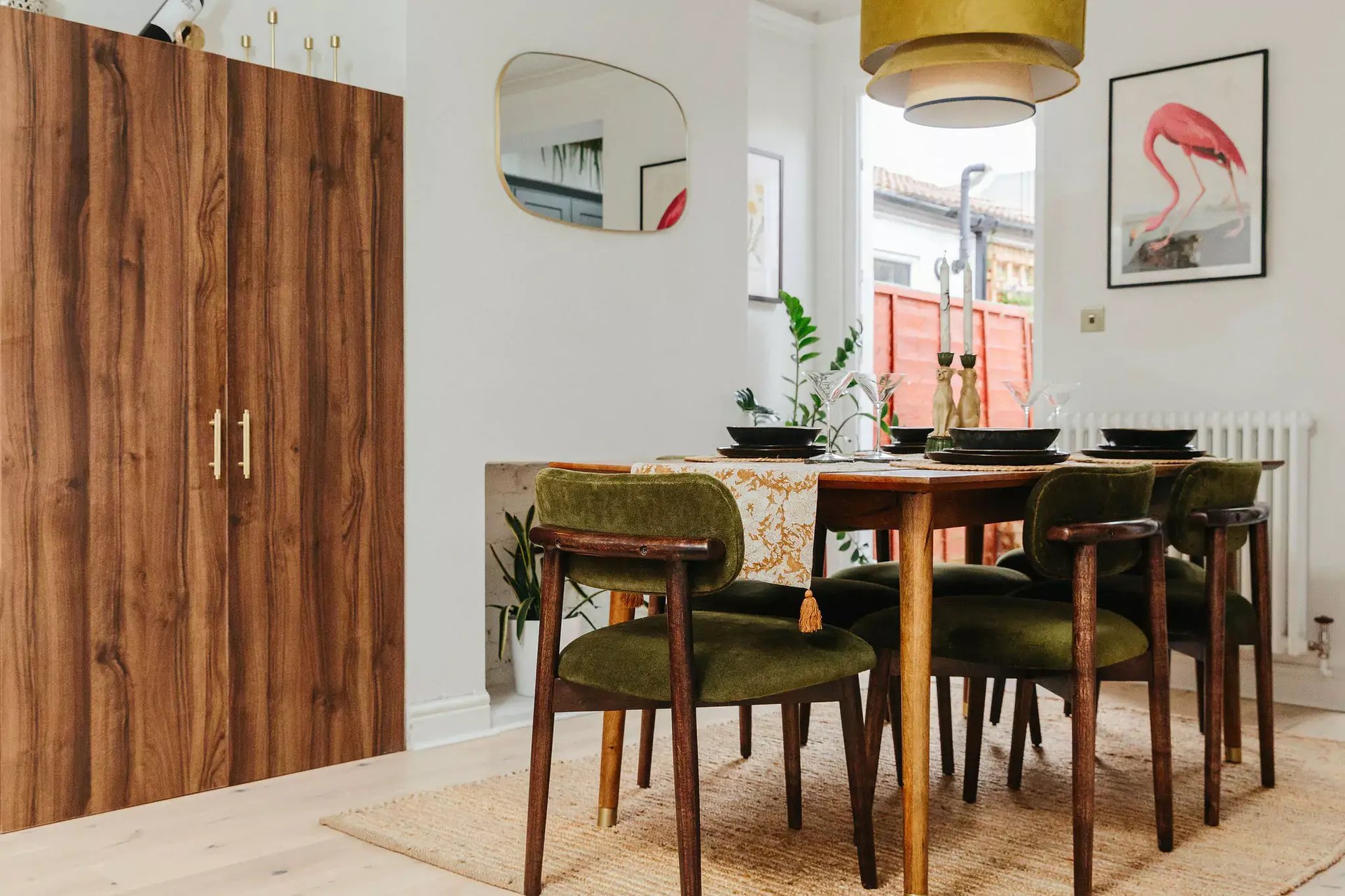 Green and dark oak dining room