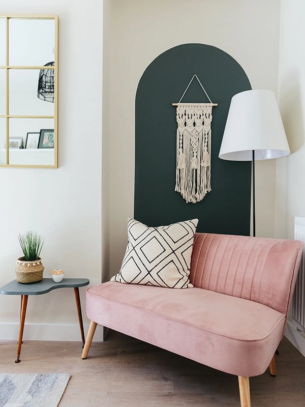 Arched wall paint design | Pink and teel living room