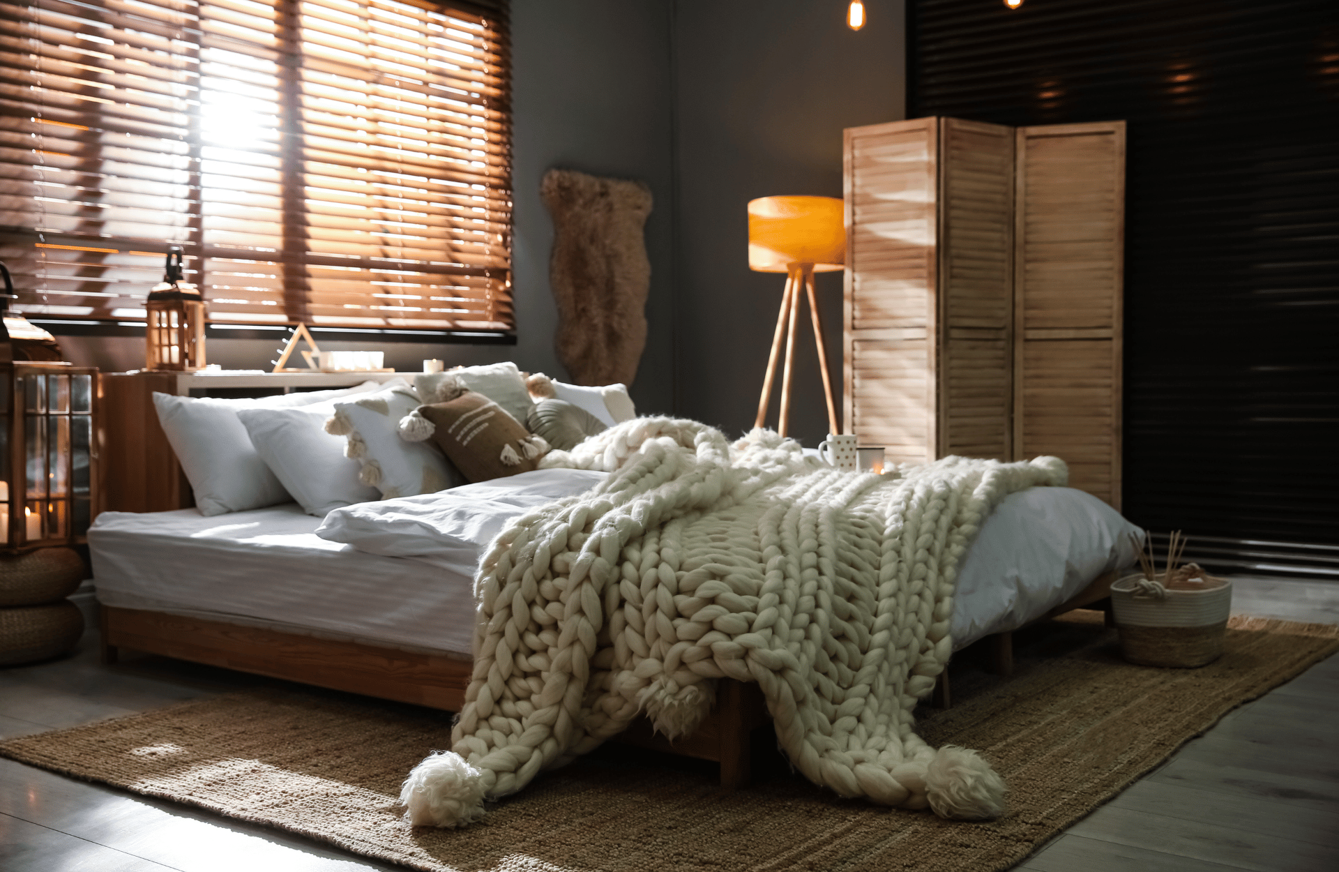Cosy neutral bedroom with throw