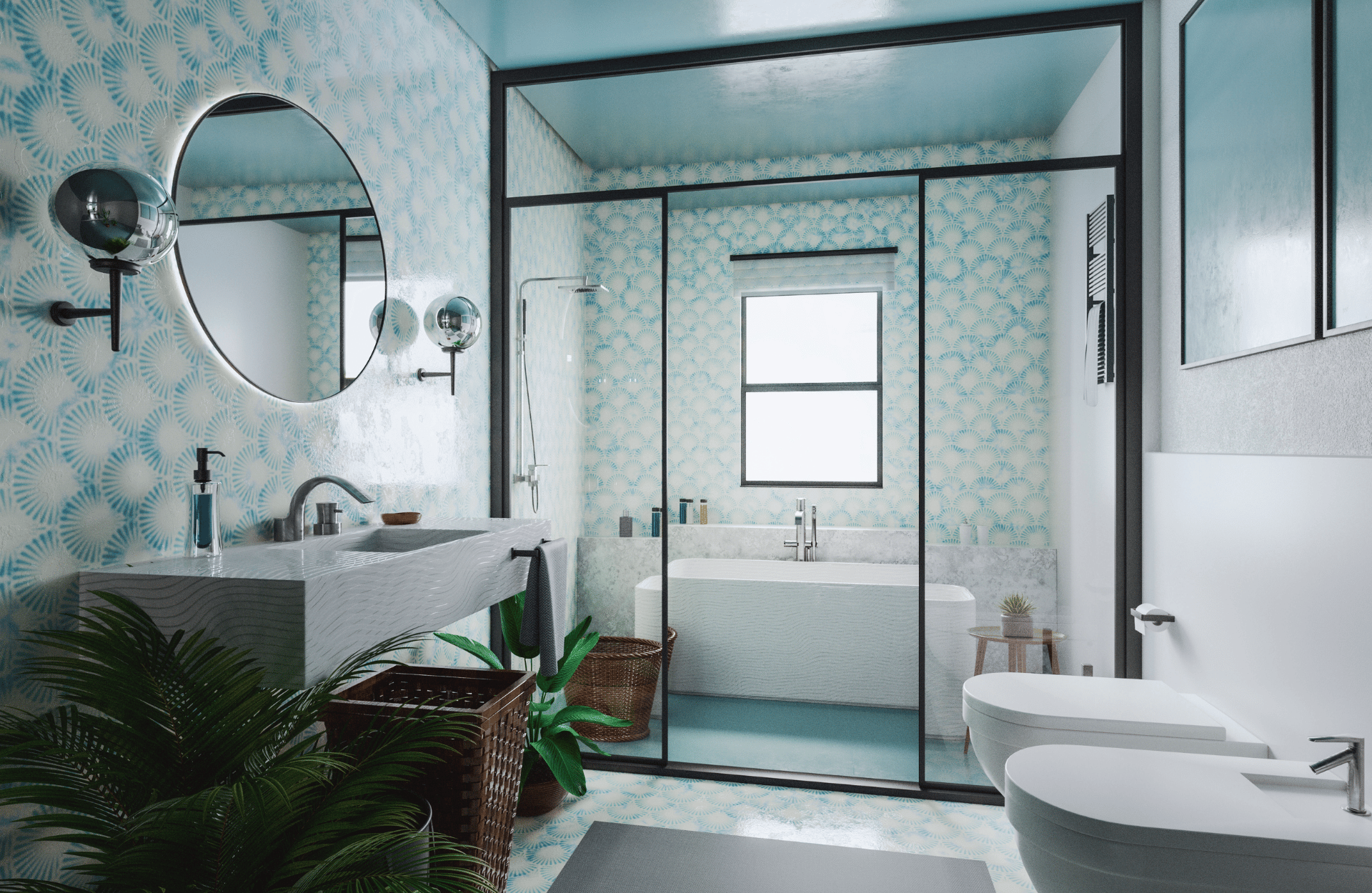 Traditional light blue and white bathroom