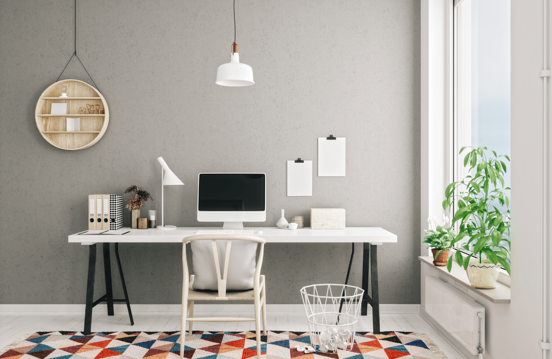 grey home office with bold carpet