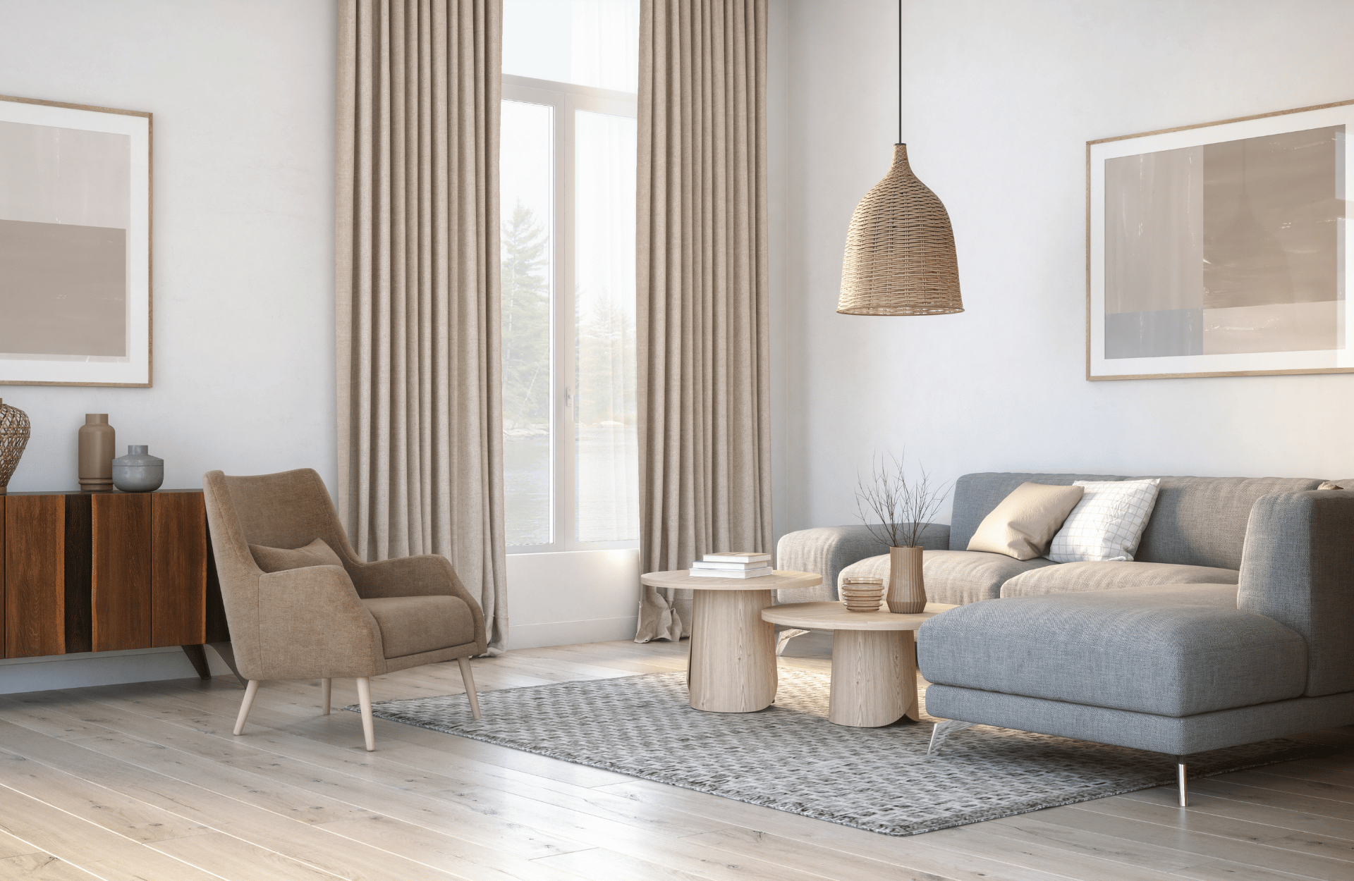 living room with wave and ripple fold curtains