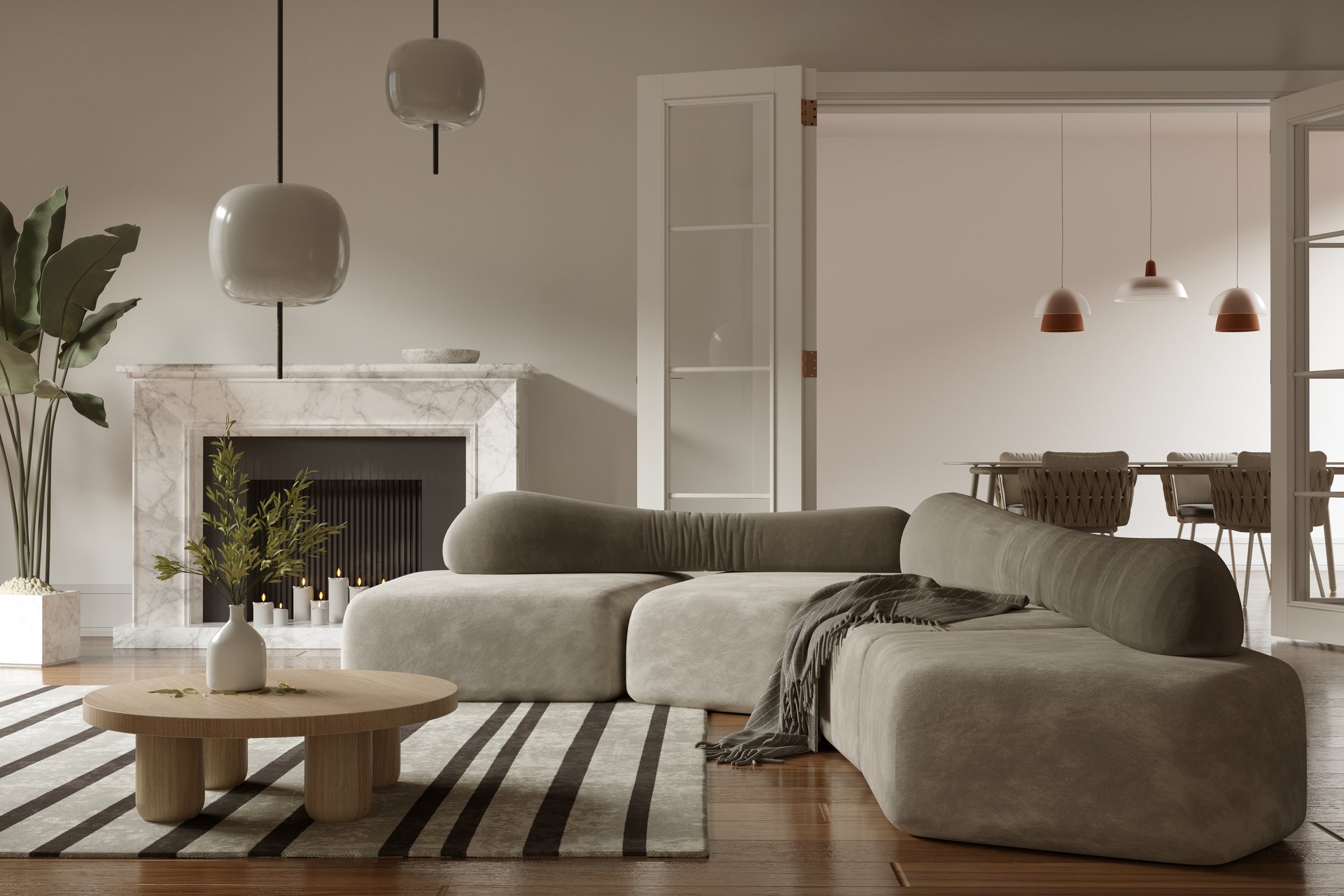 Grey living room with contempory minimalistic sofa