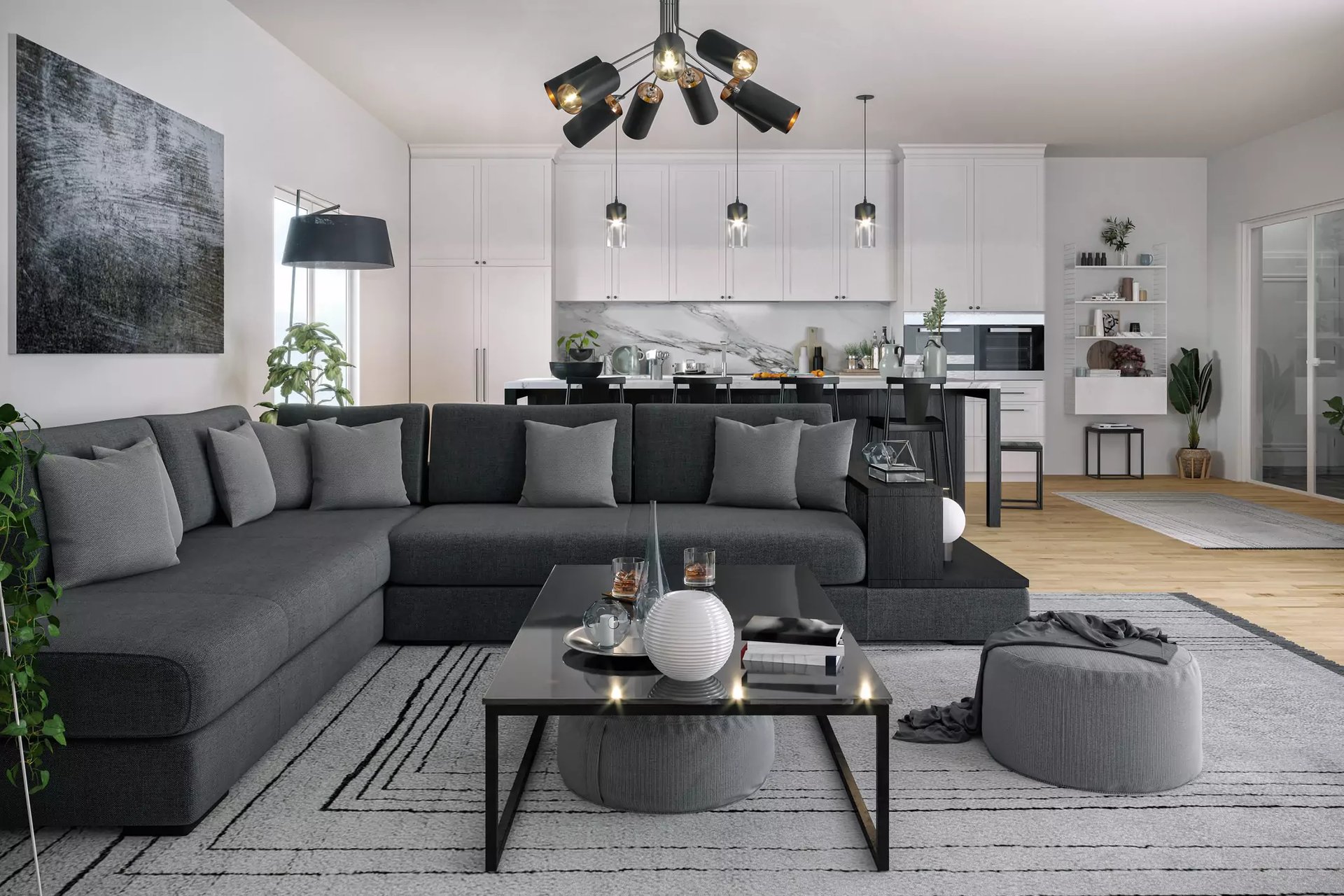 grey and white open plan space