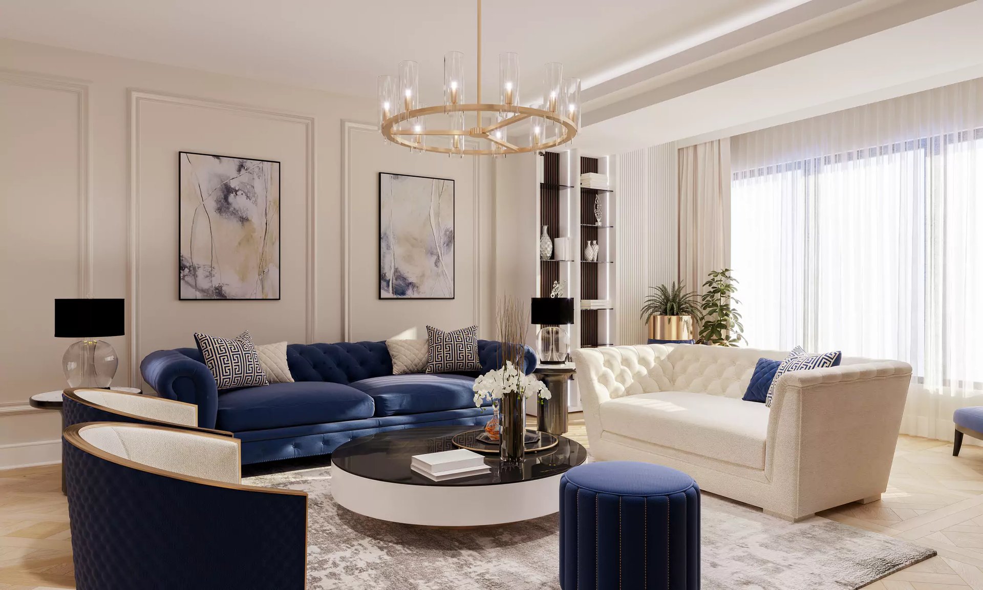modern blue and white living room